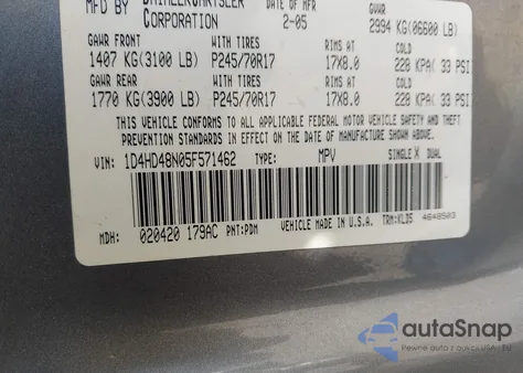 2005 Dodge Durango Slt из США, поврежденный, VIN 1D4HD48N05F571462